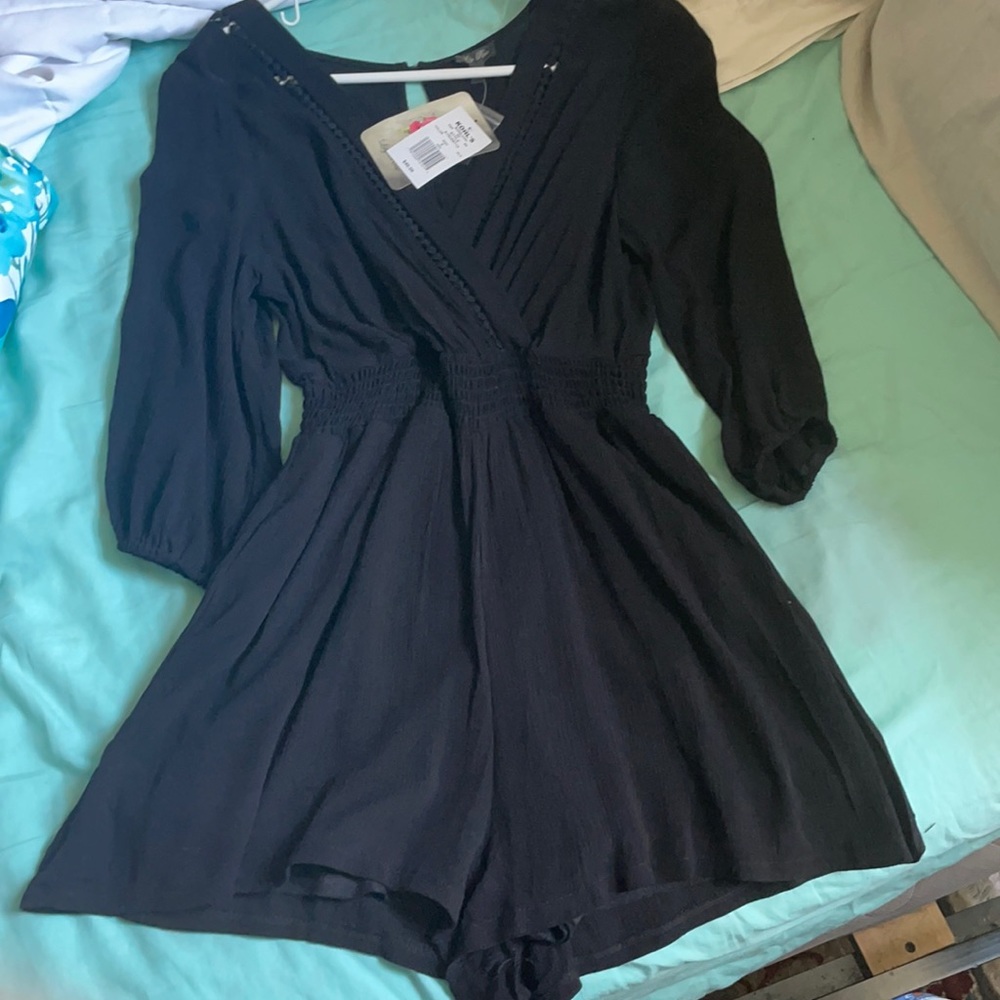 Black Romper Cinched in Waist with Lining
